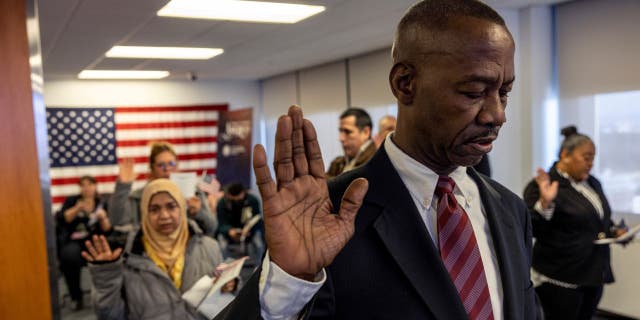 Under Good's bill, U.S. naturalization ceremonies like this one in Newark, New Jersey this year would have to be conducted in English. (Photo by John Moore/Getty Images)