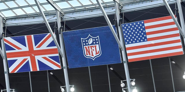 Inside the stadium with Great Britain, NFL and United States flags, before the NFL game between the New York Giants and the Green Bay Packers at Tottenham Hotspur Stadium on October 9, 2022 in London, England.