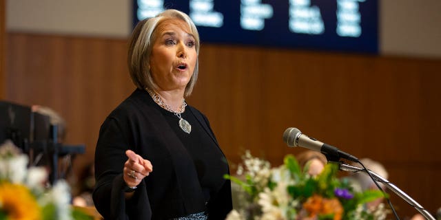 New Mexico Gov. Michelle Luján Grisham delivers an address in Santa Fe on Jan.17, 2023.
