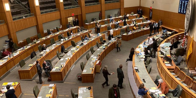 The New Mexico House of Representatives adjourns for the night on March 16, 2023, in Santa Fe, New Mexico. A sweeping tax-relief package was approved by the state Legislature Saturday and will head to Gov. Grisham’s desk next.