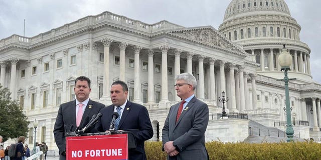Rep. Anthony D'Esposito, R-NY, center, formally introduced legislation Wednesday aimed at preventing House members from financially profiting off any actions they engaged in that violate certain election laws and other federal statutes.