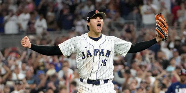 Shohei Ohtani #16 of Team Japan reacts after the final out of the World Baseball Classic Championship defeating Team USA 3-2 at loanDepot park on March 21, 2023, in Miami, Florida.