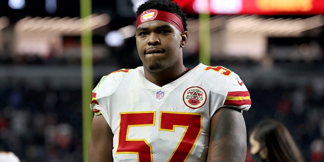 Orlando Brown #57 of the Kansas City Chiefs walks off the field after a game against the Las Vegas Raiders at Allegiant Stadium on November 14, 2021, in Las Vegas, Nevada.