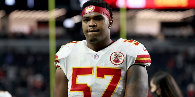 Orlando Brown #57 of the Kansas City Chiefs walks off the field after a game against the Los Vegas Raiders at Allegiant Stadium on November 14, 2021 in Las Vegas, Nevada.