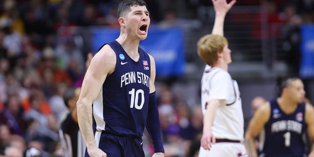 Andrew Funk #10 of the Penn State Nittany Lions reacts after playing during the first half against Texas A& M Aggies in the first round of the NCAA Men's Basketball Tournament at Wells Fargo Arena on March 16, 2023 in Des Moines, Iowa.