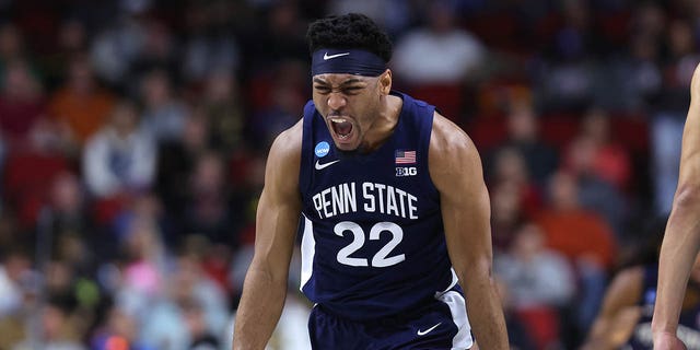 Jalen Pickett #22 of the Penn State Nittany Lions reacts during the first half against the Texas A&amp;M Aggies in the first round of the NCAA Men's Basketball Tournament at Wells Fargo Arena on March 16, 2023 in Des Moines, Iowa. 