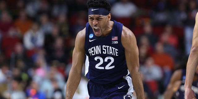 Jalen Pickett #22 of the Penn State Nittany Lions reacts during the first half against Texas A& M Aggies in the first round of the NCAA Men's Basketball Tournament at Wells Fargo Arena on March 16, 2023 in Des Moines, Iowa.