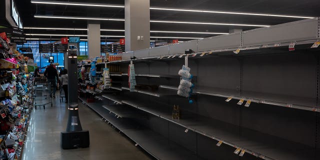 Sold out water section in Giant Supermarket in the Fairmount neighborhood of Philadelphia March 26, 2023. Water in Philadelphia has been deemed unsafe to drink following a chemical spill in the Delaware River, leading to water bottles being sold out across the city.
