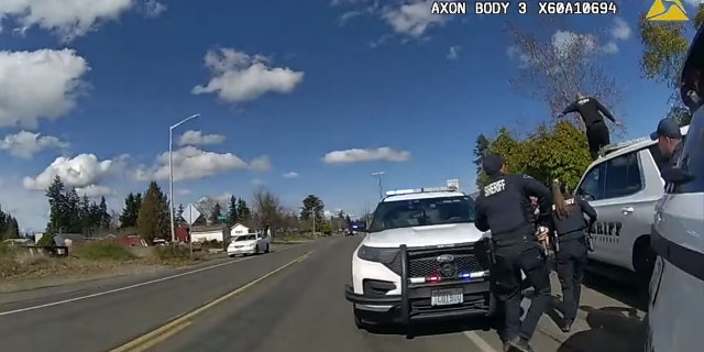 The suspect jumped on top of a deputy's car and hopped from one car to another before leading deputies on a foot chase, authorities said.