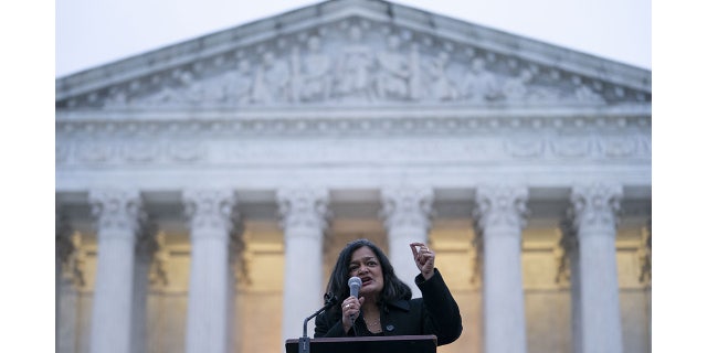 Representative Pramila Jayapal, a Democrat from Washington, speaks during a rally in support of DACA outside the U.S. Supreme Court in Washington, DC, on Tuesday, Dec. 6, 2022.