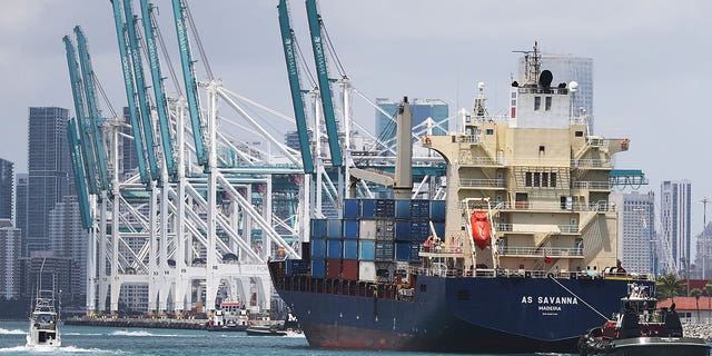 Cargo ship and cranes at Port of Miami