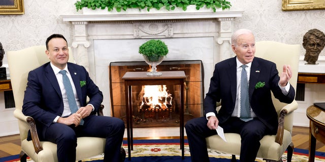 President Biden, right, and Irish Taoiseach Leo Varadkar speak in the Oval Office of the White House in Washington, D.C., on Friday.