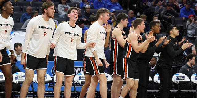 The Princeton Tigers bench during the second half against the Missouri Tigers in the second round of the NCAA Tournament at the Golden 1 Center on March 18, 2023 in Sacramento, California. 