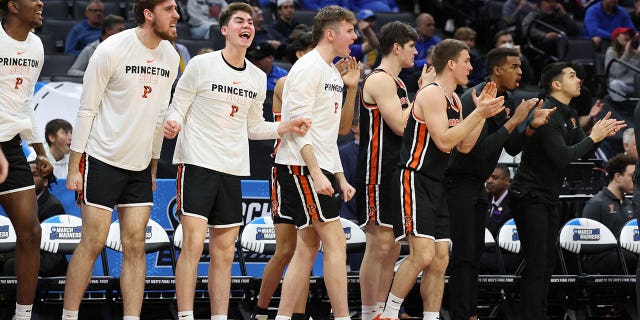 The Princeton Tigers' bench during the second half against the Missouri Tigers in the second round of the NCAA Tournament at Golden 1 Center March 18, 2023, in Sacramento, Calif.