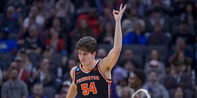 Princeton forward Zach Martini reacts after scoring on a 3-pointer during the first half of the team's second-round game against Missouri in the NCAA Tournament in Sacramento, Calif., Saturday, March 18, 2023. 