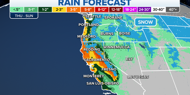 Expected rainfall this week for areas of the western U.S.