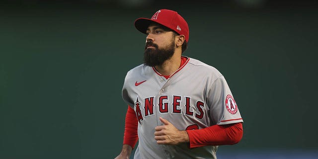 Anthony Rendon of the Los Angeles Angels earlier  a crippled  against the Oakland Athletics astatine  RingCentral Coliseum Oct. 4, 2022, successful  Oakland, Calif. 