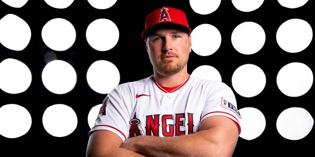 Hunter Renfroe of the Los Angeles Angels poses for a photo during the Los Angeles Angels photo day at Tempe Diablo Stadium on February 21, 2023 in Tempe, Arizona. 