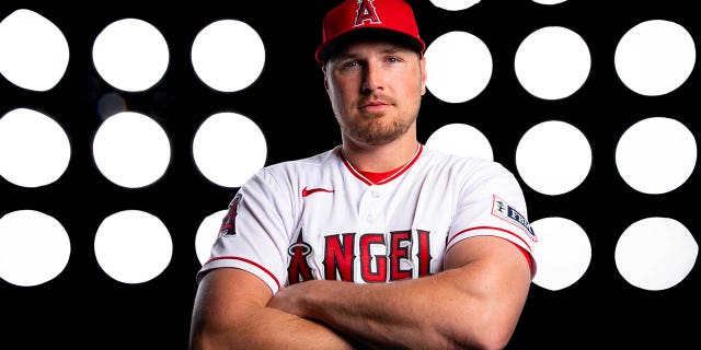 Hunter Renfroe of the Los Angeles Angels poses for a photo during the Los Angeles Angels photo day at Tempe Diablo Stadium on February 21, 2023 in Tempe, Arizona. 