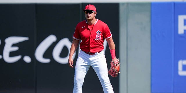 Los Angeles Angels' Hunter Renfroe plays right field in the third inning against the Colorado Rockies during a spring training game at Tempe Diablo Stadium on March 8, 2023 in Tempe, Arizona. 