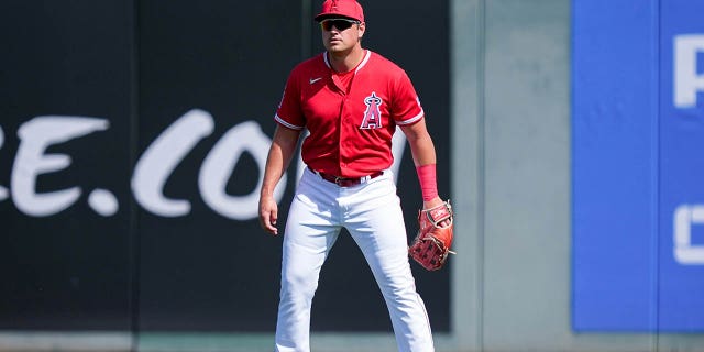 Hunter Renfroe of the Los Angeles Angels plays right field in the third inning against the Colorado Rockies during a spring training game at Tempe Diablo Stadium March 8, 2023, in Tempe, Ariz.