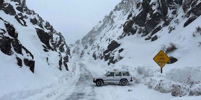 InyoSAR members search for a missing person near an area along Death Valley Road in California on March 2, 2023. Mountain roads in Northern California were closed again as another cold storm hits the state.