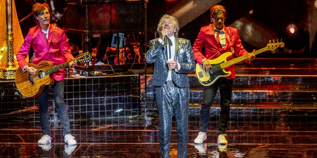 Rod Stewart performing with band