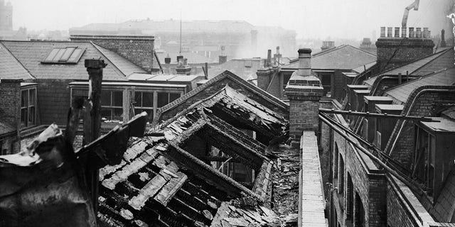 A rooftop view of the Asch building on Washington and Greene Streets is seen after the deadly fire on March 25, 1911, at the Triangle Shirtwaist Factory in New York City. 