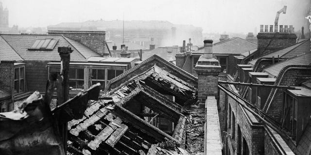 A rooftop view of the Asch building on Washington and Greene Streets is seen after the deadly fire on March 25, 1911, at the Triangle Shirtwaist Factory in New York City. 