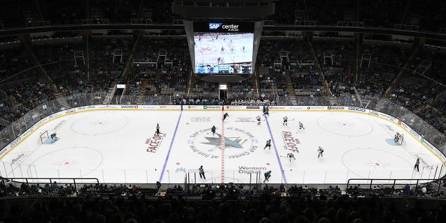 The San Jose Sharks playing the Vegas Golden Knights at the SAP Center on October 4, 2019 in San Jose, California. 