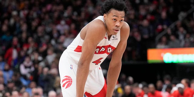 Scottie Barnes, #4 of the Toronto Raptors, looks on against the Chicago Bulls during the second half of their basketball game at the Scotiabank Arena on Feb. 28, 2023 in Toronto.