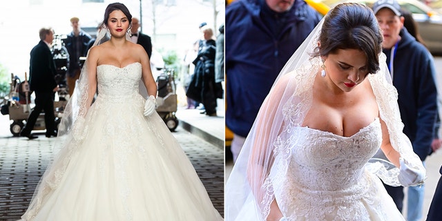 Selena Gomez was spotted in New York in a wedding dress on Tuesday.