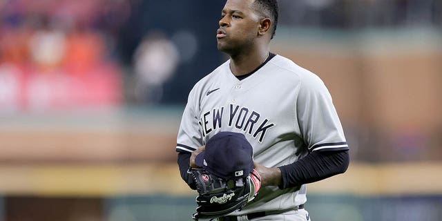 Luis Severino, #40 of the New York Yankees, walks off the field after being removed during the sixth inning in game two of the American League Championship Series against the Houston Astros at Minute Maid Park on October 20. of 2022 in Houston.