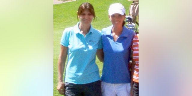 Shania Twain is pictured here with friend Marie-Anne Thiébaud playing golf in Northern Ontario, Canada.