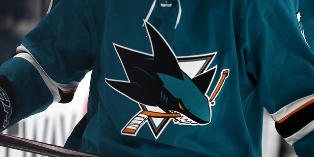 The San Jose Sharks logo on a jersey during a game against the Vegas Golden Knights at SAP Center on October 4, 2019 in San Jose, California.