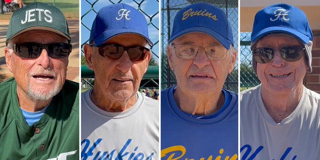Seniors in The Villages, Florida, spoke to Fox News Digital about how they're staying healthy in their older years. Among their fun activities: baseball playing. From left to right, John Roberts (Jets), John Panariello (Huskies), Robert Buhlmann (Bruins) and Dale Appleby (Huskies). 