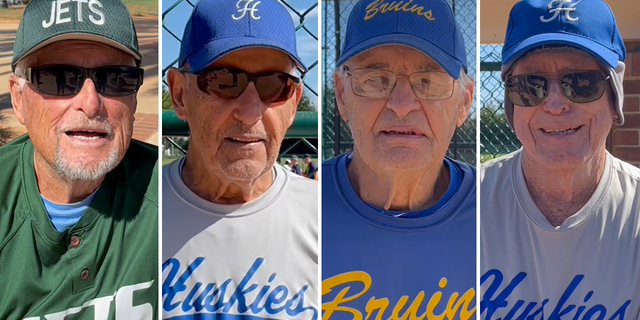 Seniors in The Villages, Florida, spoke to Fox News Digital about how they're staying healthy in their older years. Among their fun activities: baseball playing. From left to right, John Roberts (Jets), John Panariello (Huskies), Robert Buhlmann (Bruins) and Dale Appleby (Huskies).