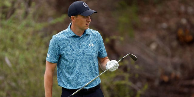 Jordan Spieth of the United States follows his shot on the third hole during day two of the World Golf Championships-Dell Technologies Match Play at Austin Country Club on March 23, 2023 in Austin, Texas.