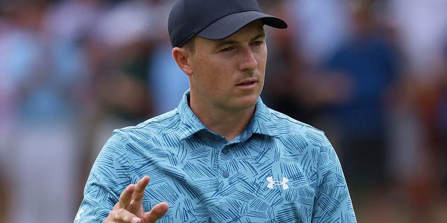 Jordan Spieth of the United States reacts after making par on the seventh green during day two of the World Golf Championships-Dell Technologies Match Play at Austin Country Club on March 23, 2023 in Austin, Texas.