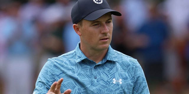 Jordan Spieth of the United States reacts after making par on the seventh green during day two of the World Golf Championships-Dell Technologies Match Play at Austin Country Club on March 23, 2023 in Austin, Texas.