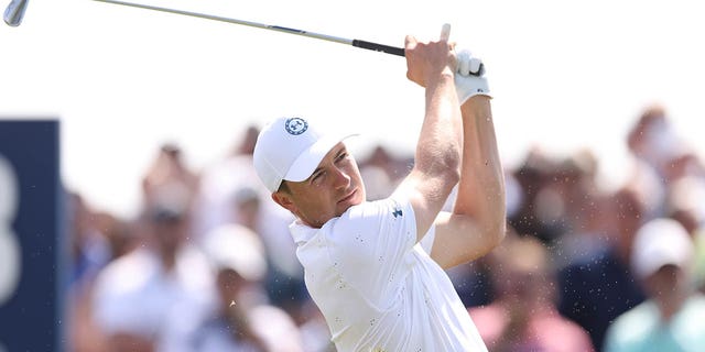 Jordan Spieth of the USA plays his shot from the third tee during the second round of the Players Championship on the Players Stadium Course at TPC Sawgrass on March 10, 2023 in Ponte Vedra Beach, Florida. 
