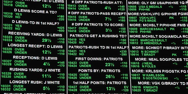 Some of the more than 400 proposition bets for Super Bowl LI between the Philadelphia Eagles and the New England Patriots are displayed at the Race & Sports SuperBook at the Westgate Las Vegas Resort & Casino on January 26, 2018 in Las Vegas, Nevada.