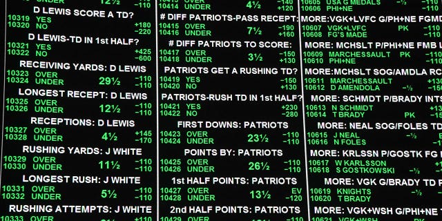 Some of the more than 400 proposition bets for Super Bowl LI between the Philadelphia Eagles and the New England Patriots are displayed at the Race & Sports SuperBook at the Westgate Las Vegas Resort & Casino on January 26, 2018 in Las Vegas, Nevada.