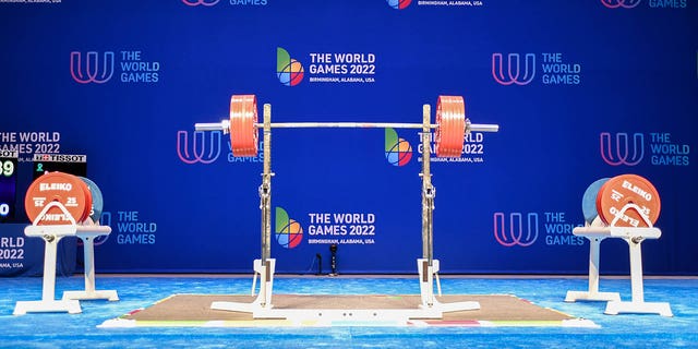 The stage in the men's middleweight powerlifting event during the 2022 World Games July 9, 2022, at the Birmingham-Jefferson Convention Complex Concert Hall in Birmingham, Alabama. 