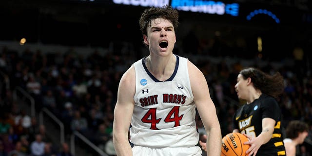 Alex Ducas of the Saint Mary's Gaels reacts after a basket in the second half against the Virginia Commonwealth Rams during the first round of the NCAA Tournament at MVP Arena March 17, 2023, in Albany, New York.