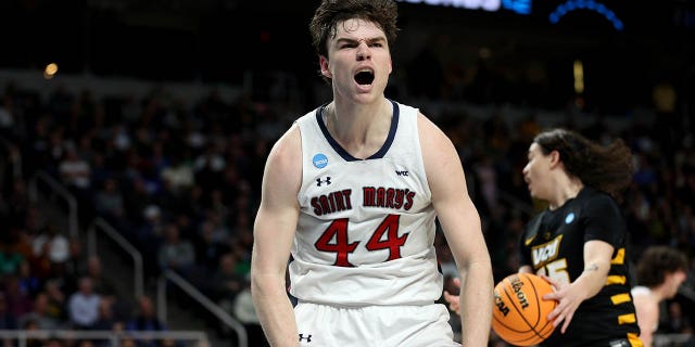 Alex Ducas of the Saint Mary's Gaels reacts after a basket in the second half against the Virginia Commonwealth Rams during the first round of the NCAA Tournament at MVP Arena March 17, 2023, in Albany, New York.