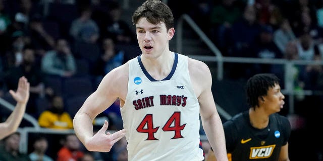 Alex Ducas (44) of Saint Mary's celebrates after scoring in the first half of a first-round game against Virginia Commonwealth in the NCAA Tournament Friday, March 17, 2023, in Albany, N.Y.