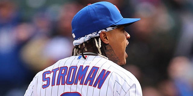 Marcus Stroman of the Chicago Cubs reacts during the third inning against the Milwaukee Brewers at Wrigley Field on March 30, 2023 in Chicago.