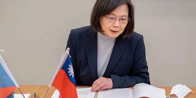 Taiwan's President Tsai Ing-wen speaks by phone with the Czech Republic's Petr Pavel in Taipei, Taiwan, on Jan. 30, 2023. 