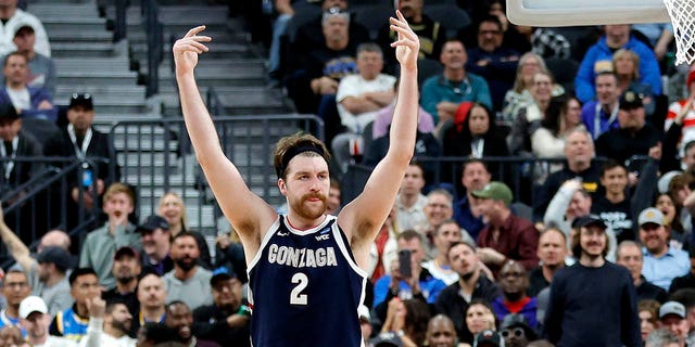 Drew Timme #2 of the Gonzaga Bulldogs reacts after scoring against the UCLA Bruins during the second half  in the Sweet 16 round of the NCAA Men's Basketball Tournament at T-Mobile Arena on March 23, 2023 in Las Vegas, Nevada. 